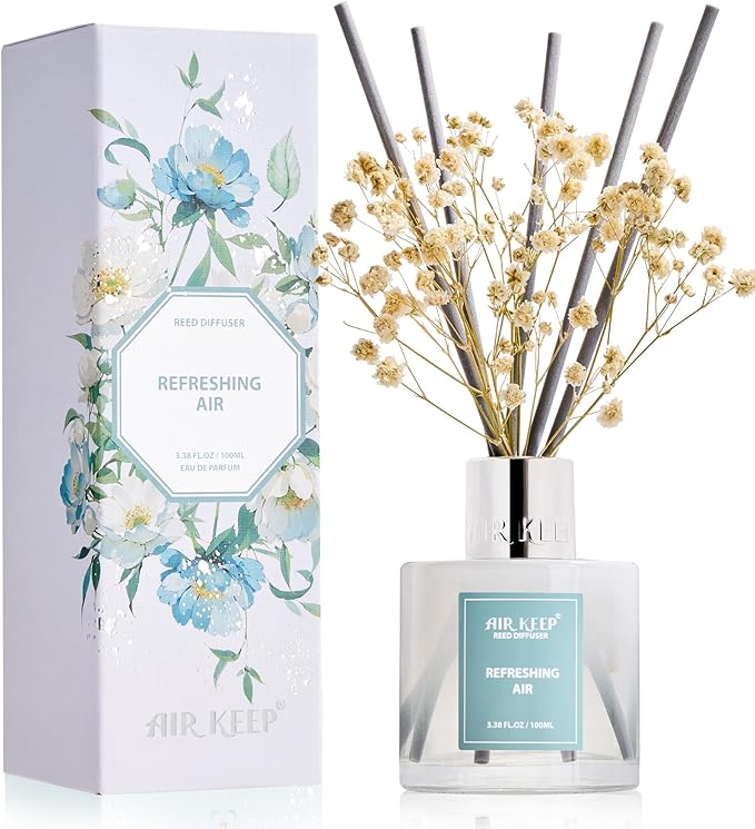 Airkeep Reed Diffuser Set,3.38 fl oz (100 ml) - Refreshing Air Oil Diffusers with 8 Reed Sticks, Home Fragrance Reed Diffuser for Bathroom Shelf Decor