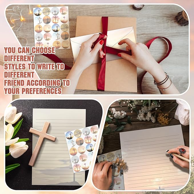 TaoBary 160 Pcs Stationery Paper Set 50 Double Sided Stationery Papers with 50 Matching Envelopes and 60 Round Dot Sticker, 10 Design(Religious Letter with Cross,8.5 x 11 Inch)