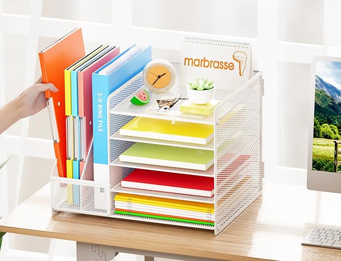 Marbrasse Desk Organizer with File Holder, 5-Tier Paper Letter Tray, Mesh Desk Organizers and Accessories with Magazine Holder, Desktop Organizer and Storage for Office Supplies (White)
