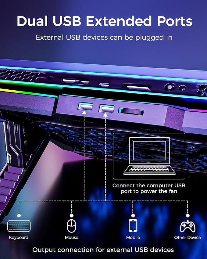 AICHESON Gaming Laptop Cooling Pad with 8 Fans, RGB Computer Stand for 15.6-17.3 Inch Notebook with 7 Height Slots, 2 USB Ports, AA3