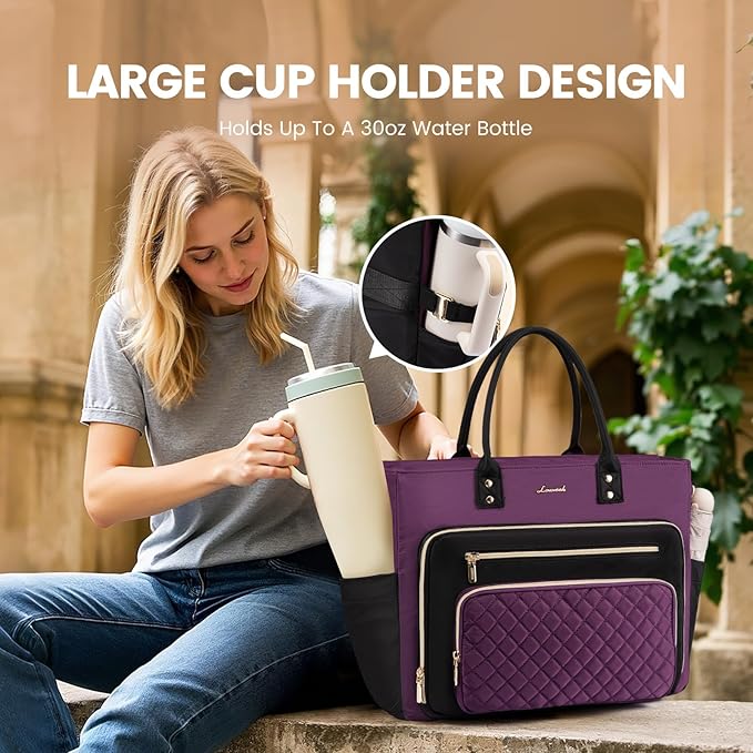LOVEVOOK Teacher Tote Bag for Women Work, Nurse Bags With Large Cup Holder Laptop Bag With Laptop Compartment, Professional Computer Briefcase Business Purses, Diaper Bag Mother Gift, 15.6 Inch