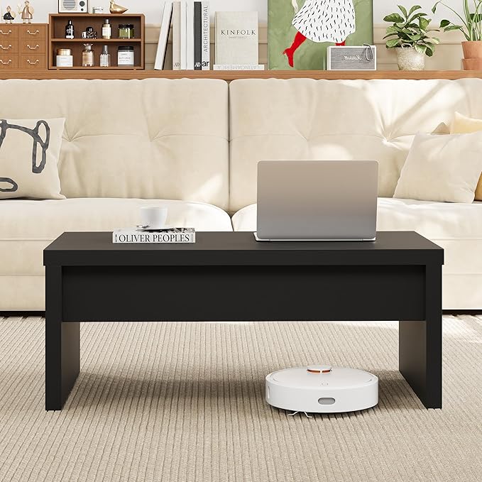 Small Lift Top Coffee Table, Wood Rectangle Coffee Table with Lifting Top and Hidden Storage Compartment, Modern Mid Century Center Tables for Small Space, Living Room, Office-Black