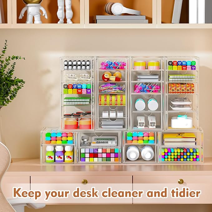 ARSTPEOE Acrylic Makeup Organizer with 13 Drawers, Bathroom Counter Organizer, Acrylic Organizers, Desk Organizer, Office Supplies, Storage Drawers for Cosmetic, Pencil, Coffee, etc 3 Pack