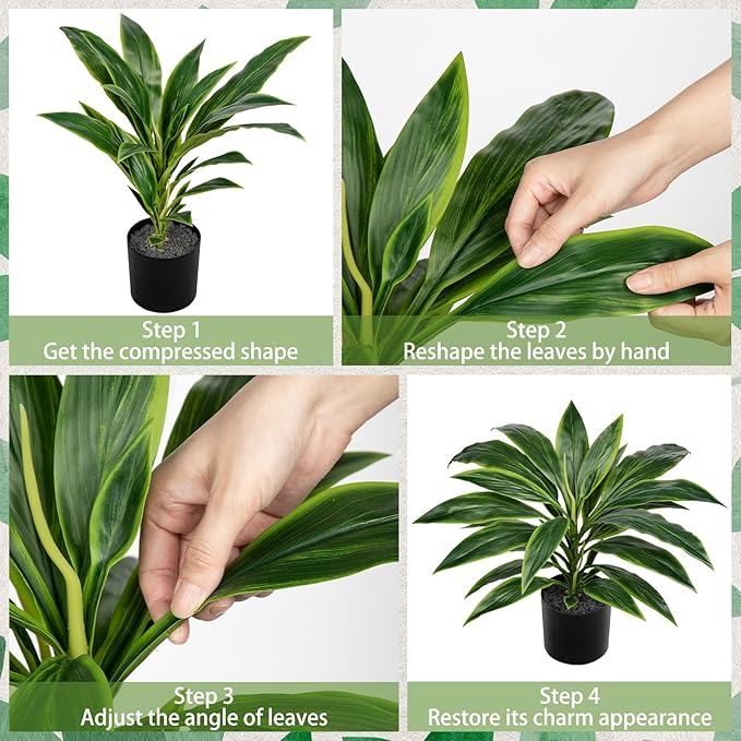 Oairse Artificial Plants Indoor with Pot, 18.1" Fake Potted Plants Medium Artificial Dracaena Plant in Black Pot Faux Tropical Plants for Bathroom Living Room Office Desk Shelf Decor