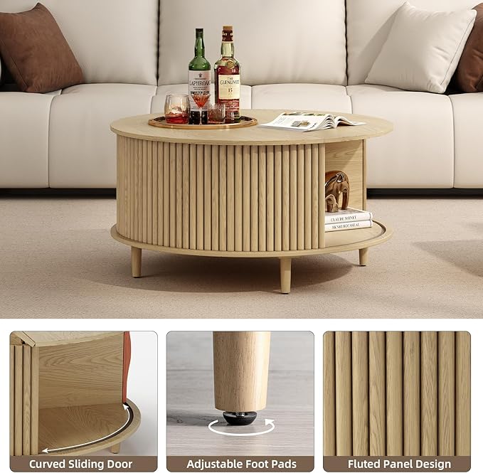 JOINICE,Round Coffee Table with Storage, 31.5" Natural Oak Fluted Center Table with Sliding Door, Modern Circle Drum Table for Living Room, Scandi Wood Furniture for Small Spaces