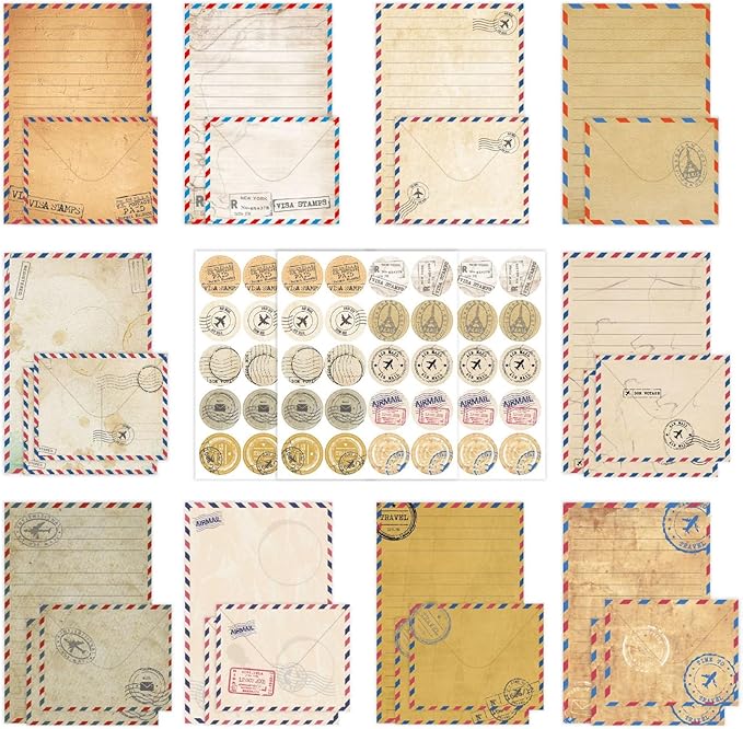 160 Pcs Stationery Paper Envelopes Set Includes 50 Lined Writing Paper & 50 Envelopes with 60 Colorful Round Dot Stickers, Cute Vintage Travel Letter Writing Stationery Paper Envelopes(10Style)