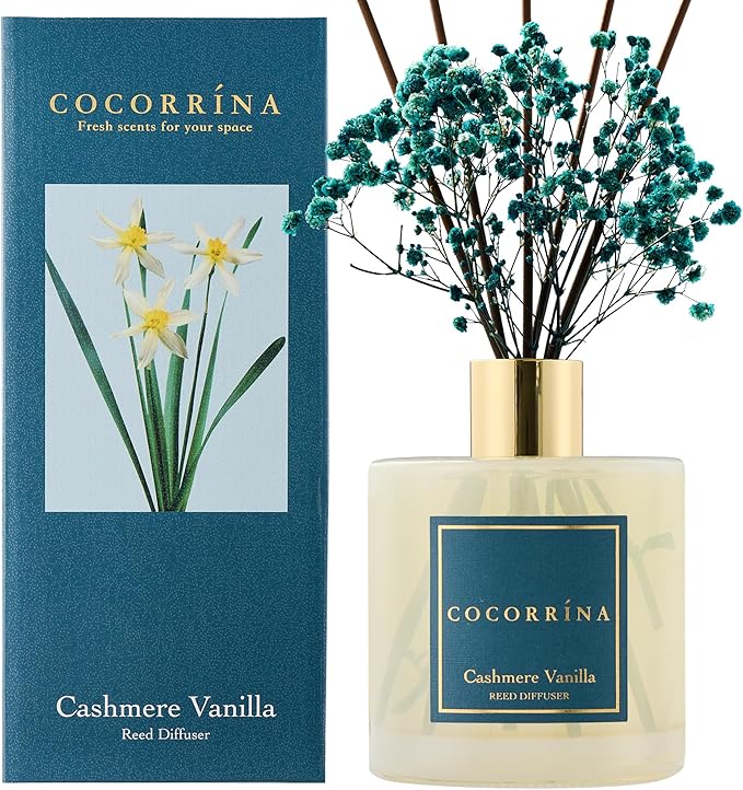 COCORRÍNA Reed Diffuser - Cashmere Vanilla 17 Fl.oz Reed Diffuser with 8 Sticks Scented Diffuser with Preserved Flowers for Bathroom Home Decor