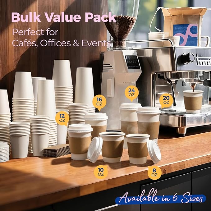 Fit Meal Prep 250 Pack 24 oz Disposable Coffee Cups with Lids, Sleeves, Leak-Proof To Go Coffee Cups with Lids, Durable Hot Paper Cups for Home, Office, Party, Business