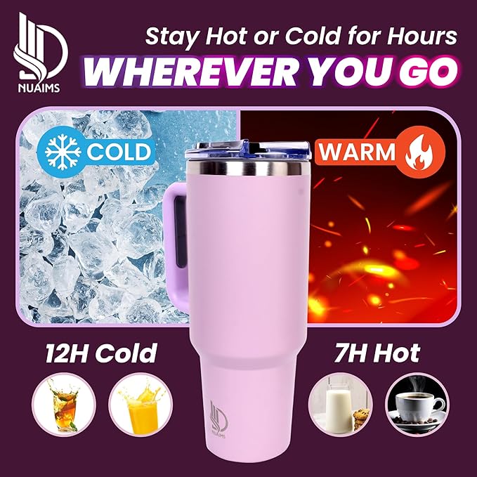 40oz Insulated Tumbler with Handle, Leakproof Straw Lid & Carry Handle - Double Wall Vacuum Insulation Keeps Ice 24 Hours, BPA Free Stainless Steel Water Bottle (Lilac)
