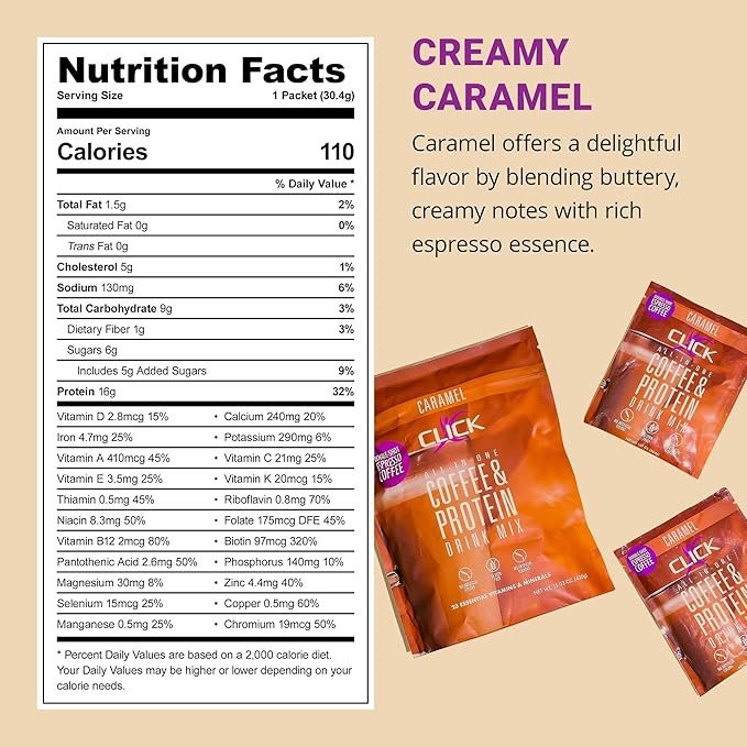 Click Coffee Protein Powder | Double Shot Espresso | 16g Protein | 23 Essential Vitamins | Low Calorie Meal Replacement | 150mg Caffeine | Gluten Free | No Artificial Flavors or Colors | Caramel