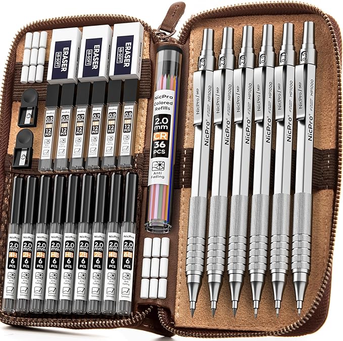 Nicpro 30PCS Silver Metal Mechanical Pencils Set in Leather Case, Art Drafting Pencil 0.5, 0.7, 0.9 mm, 2mm Lead Pencil Holder for Sketching Drawing With 16 Tube (6B 4B 2B HB 2H 4H Colors)Lead Refill