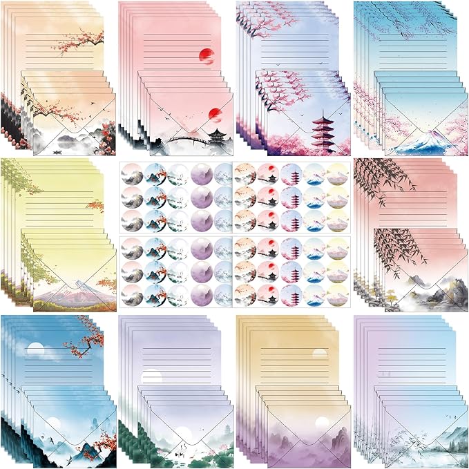 Outus 215 Pcs Japanese Stationary Set Including 70 Japanese Ink Painting Writing Papers 70 Envelopes 75 Round Stickers Watercolor Writing Stationery Paper for Invitations Office School Mail Supplies