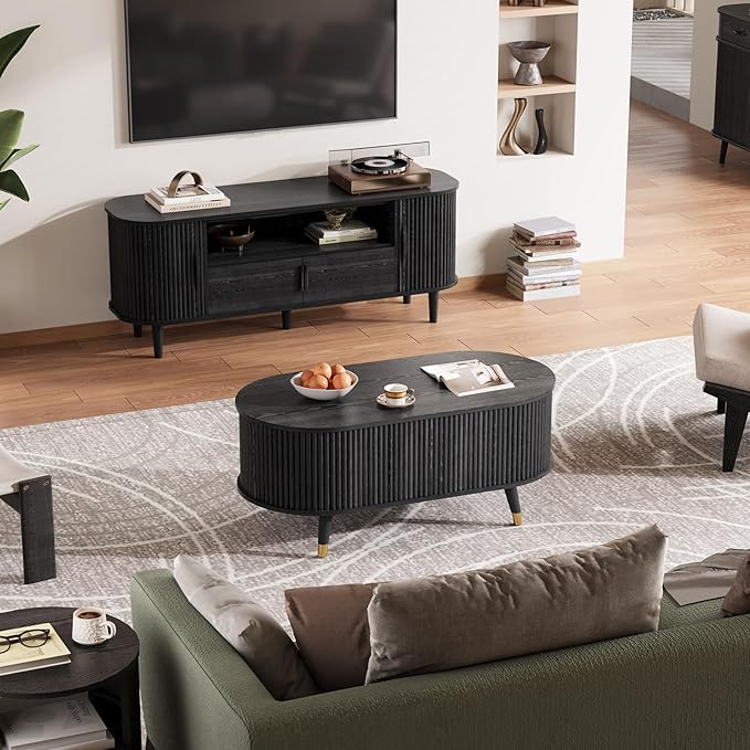 JOINICE 42.5" Oval Lift Top Coffee Table with Storage, Mid Century Modern Black Center Table with Fluted Panel, Solid Wood Legs & Hidden Compartment for Living Room