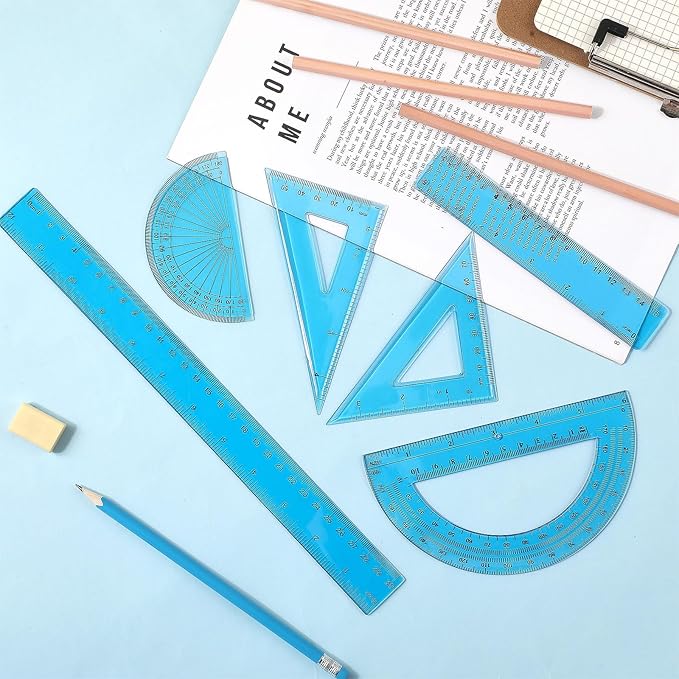 Tenare 1 Set Plastic Clear Math Set Includes Protractor Triangle Rulers 12 Inch 6 Inch Straight Geometry Math Transparent Ruler Measuring Tool for School Office Home Supplies(Blue)