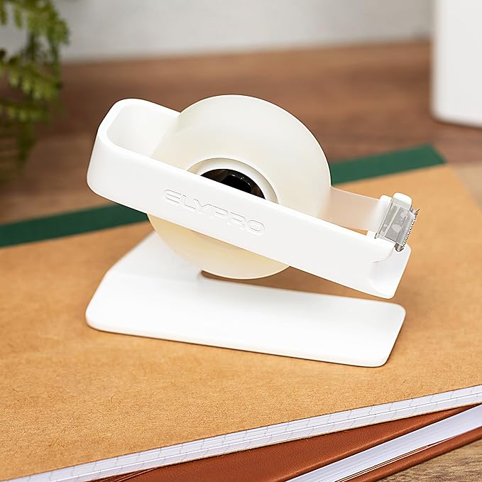 ELYPRO Modern Tape Dispenser for Office Desk - Elegant and Minimalist Design, Heavy Metal Made, Space-Saving, Perfect for Office & Home Use or as a Stylish Gift - Bonus Tape Roll Included (White)