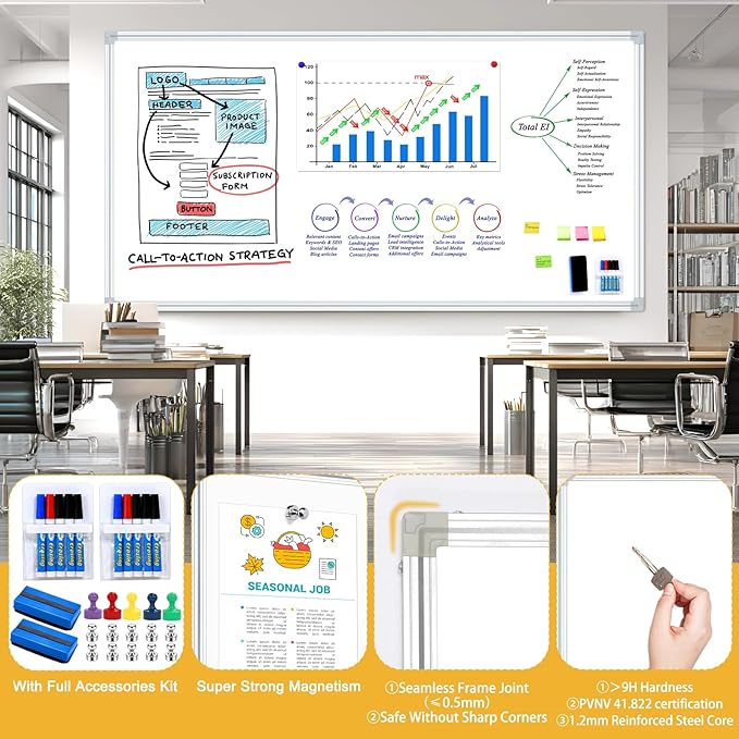 4'x8' WhiteBoard Magnetic Dry Erase White Board for Wall - Belgian Enamel Large WhiteBoard for Business, Education & Government - Durable Aluminum Frame Wall Mounted Whiteboards for Professionals