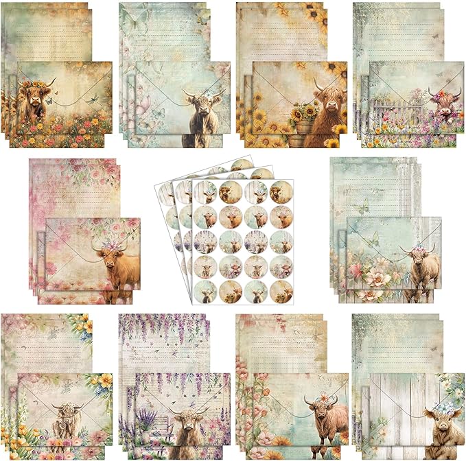 TaoBary 160 Pcs Stationery Paper Set 50 Double Sided Stationery Papers with 50 Matching Envelopes and 60 Round Dot Sticker, 10 Design(Floral Highland Cow,5.5 x 8.25 Inch)