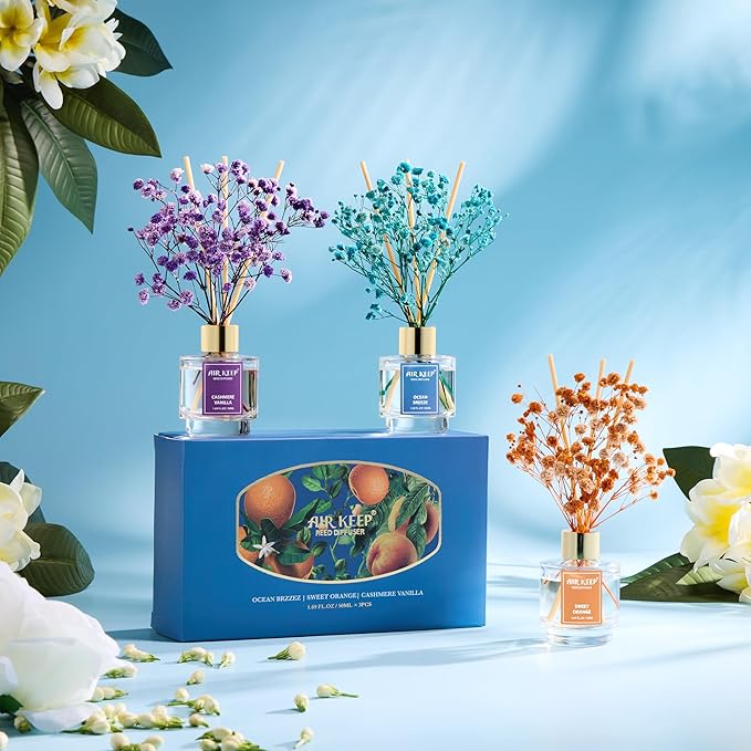 Airkeep Reed Diffuser Set of 3, Ocean Breeze Sweet Orange Cashmere Vanilla Oil Reed Diffusers for Bedroom Living Room Office Aromatherapy Oil Reed Diffuser for Gift 50ml x 3