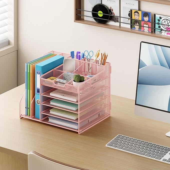 Lavatino 5-Tier Desk Organizer with 2 File Holders, Metal Adjustable Paper Letter Tray for Office or Home Desk Organizers and Accessories | 7 Flexible Dividers Keep Workspace Supplies Neat, Pink