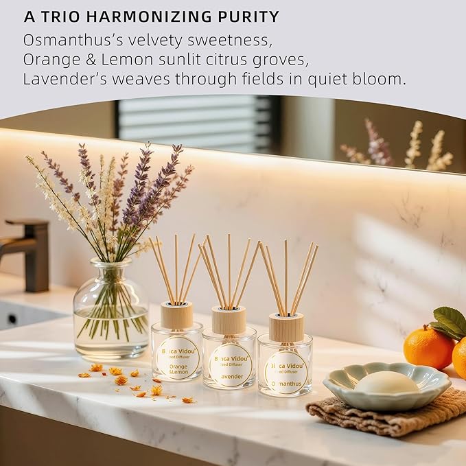 Binca Vidou Reed Diffuser Set, Lavender Osmanthus Orange&Lemon Scent Oil Diffusers with Sticks for Home Office Bathroom Aromatherapy Decor 1.69oz X 3