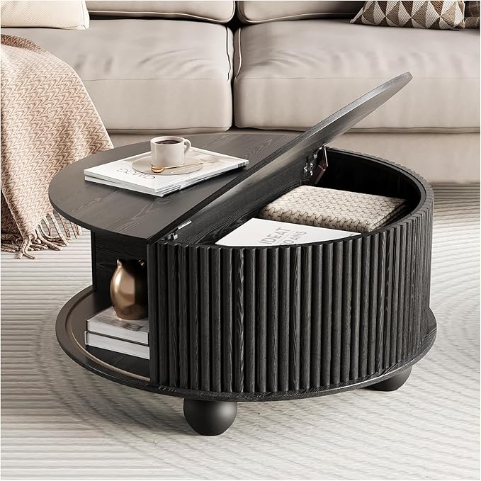 JOINICE Black Round Coffee Table with Storage, 31.5" Fluted Drum Center Table with Sliding Door, Modern Farmhouse Wood Circle Table with Bun Feet for Living Room