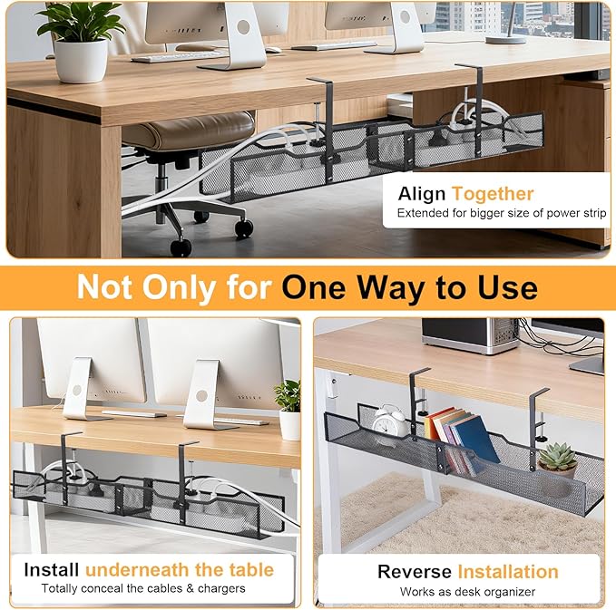 No Drill Under Desk Cable Management Tray, Extended-Length Metal Mesh Wire Organizer with Heavy Duty Clamp Mount for Home Office Standing Desk - Damage Free Cord Organization Solution