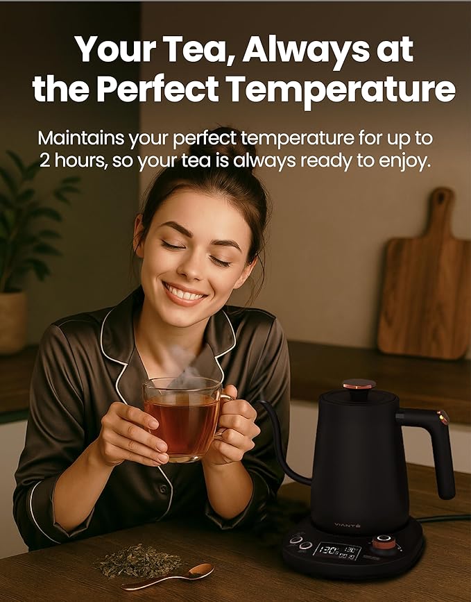 Vianté Electric Gooseneck Kettle with Precise Temperature Control. Pour Over Coffee & Tea Kettle. Boil-Dry Protection & Keep Warm Function. Stainless Steel, BPA-Free. Includes V60#2 Filters. 0.8L