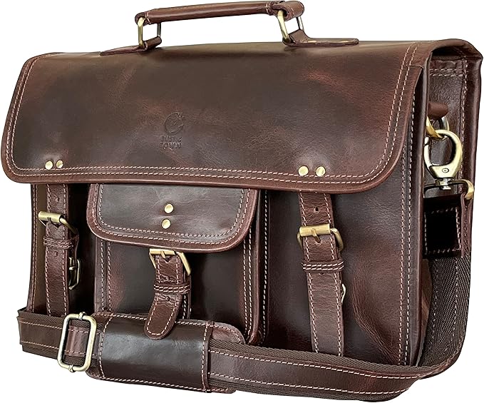 RUSTIC TOWN Leather Messenger Bag for Men - Full Grain Leather Briefcase Laptop Satchel Office Crossbody Travel Bag