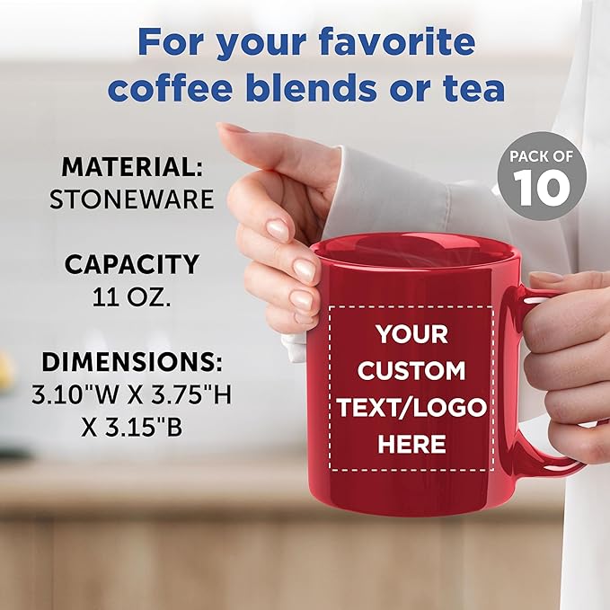 DISCOUNT PROMOS Ceramic Coffee Mugs 11 oz. Set of 10, Bulk Pack - Coffee cup set, Iced coffee cup, Gaming mug - Red