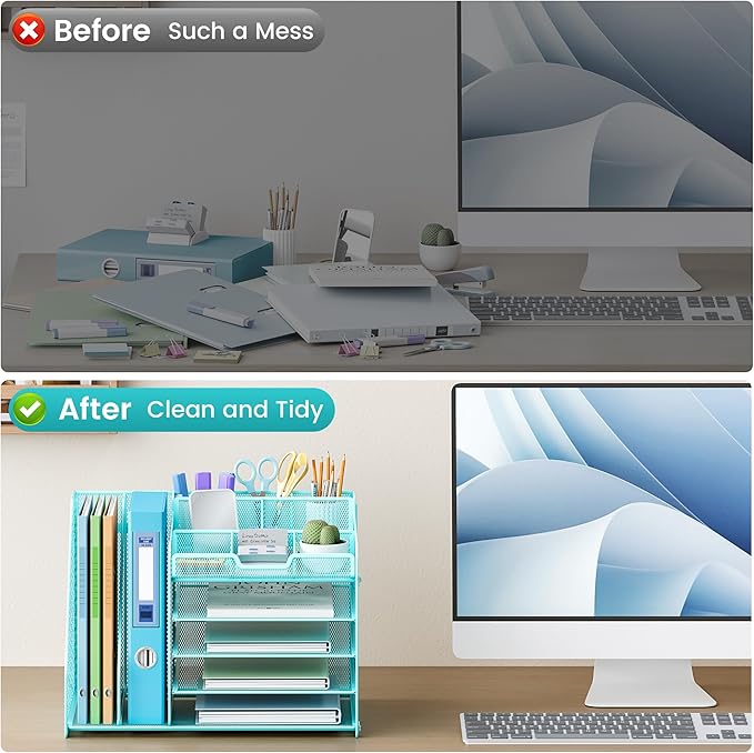 Lavatino 5-Tier Desk Organizer with 2 File Holders, Metal Adjustable Paper Letter Tray for Office or Home Desk Organizers and Accessories | 7 Flexible Dividers Keep Workspace Supplies Neat, Blue