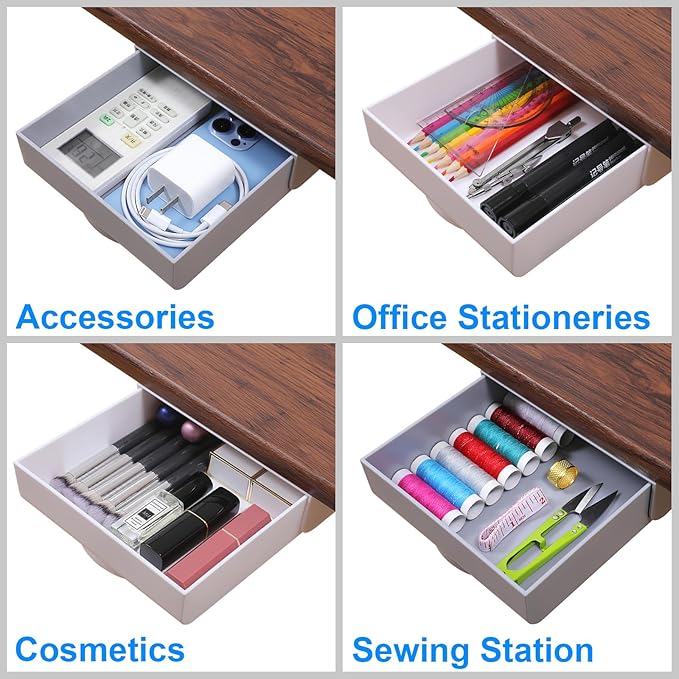 LuluEasy 4 Pack Under Desk Drawer Self-Adhesive Desktop Storage Organizer, Hidden Attachable Slide Out Desk Drawer, Under Table Tray for Pencil Pen Stationery Office Organization, Gray