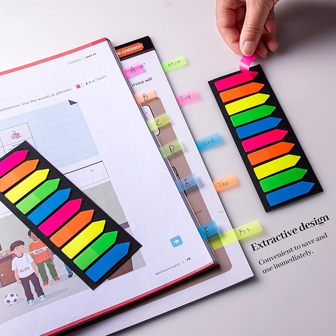 Golcellia Fluorescent Translucent Sticky Note Flags, 2400 Pcs Total, Pack of 10 Color Tabs, Arrow Sticky Notes, Page Flag Markers, Arrow Index Tabs