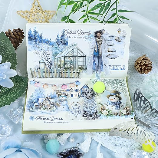 Snycler Pre-Cut Blue Snowflake Themed PET Washi Tapes - Vintage Aesthetic Tape Stickers for Journaling, Scrapbooking, Junk Journals, Crafts, Planners - 4 Rolls