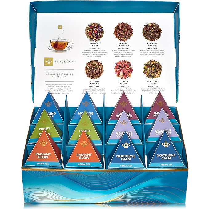 Teabloom Wellness Tea Collection – Fruit & Herbal Assortment with 12 Plant-Based Pyramid Sachets, Organic Ingredients, Elegant Presentation Box, Thoughtful Gift for Tea Lovers