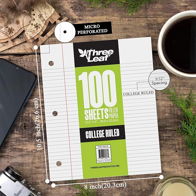 Three Leaf 100 Sheets College Ruled Filler Paper, 1728 Ct. (48 Cases X 36 Filler Paper), Loose-Leaf Sheets For School And Office