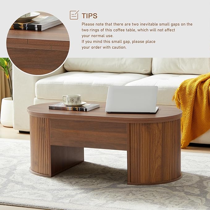 QHITTY Fluted Coffee Table with Lifting Top, Oval Wood Lift Top Coffee Table with Hidden Compartment, Mid Century Pull up Center Tables for Living Room, Office - Walnut