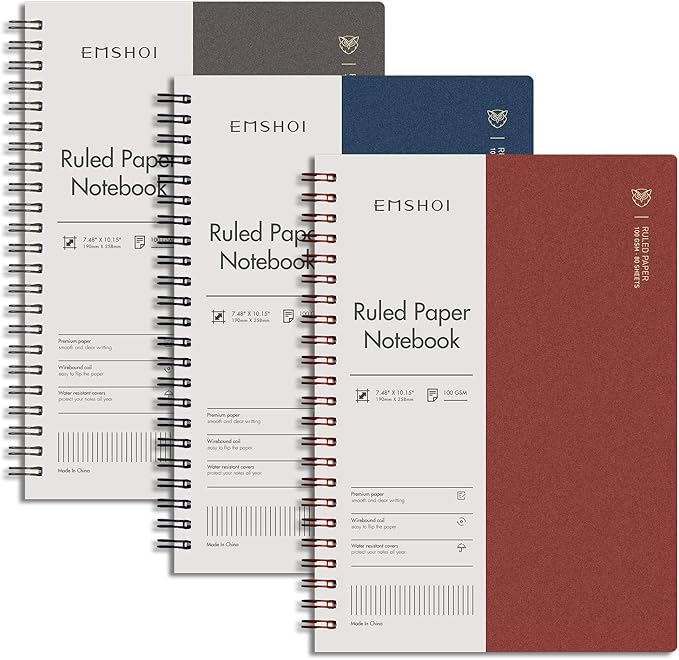 EMSHOI Lined Journal Spiral Notebook 7.48" x 10.15" - 3 Pack 480 Pages 100gsm Thick Paper, B5 Large Notebooks College Ruled, Plastic Hardcover Journals for Writing Women Men Work School Supplies
