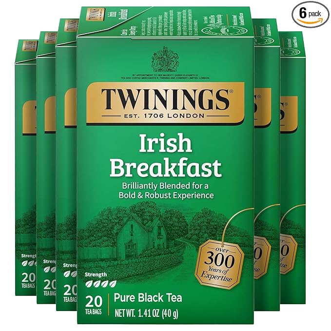 Twinings Irish Breakfast Black Tea Individually Wrapped Bags, 20 Count (Pack of 6), Flavourful, Robust Black Tea, Caffeinated, Enjoy Hot or Iced, 120 Teabags