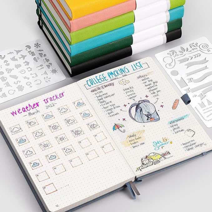 AHGXG Bullet Dotted Journal - 320 Numbered Pages Dot Grid Notebook A5 Thick Journal, 100gsm Thick Dotted Paper, Leather Hardcover,Inner Pocket, 5.75'' × 8.38'' - GrayBlue