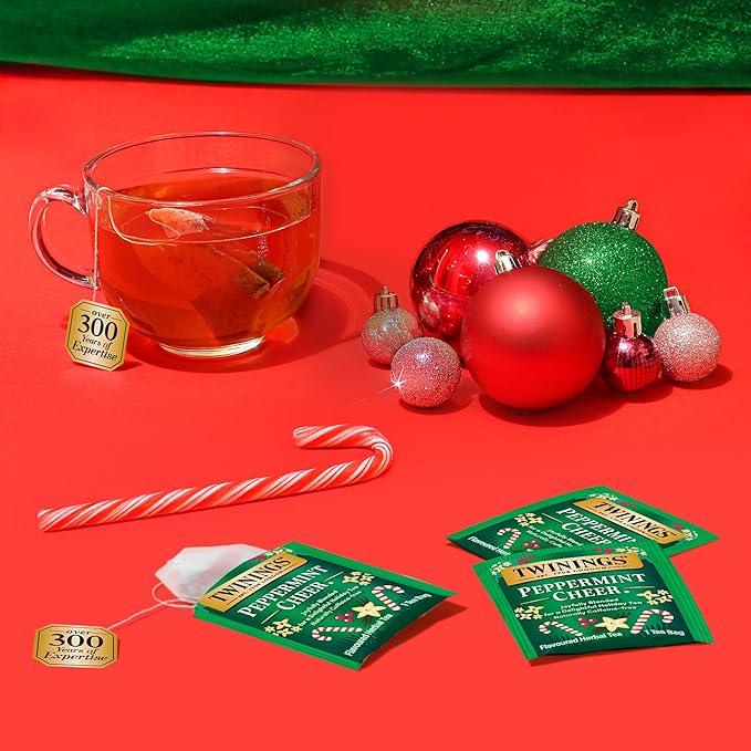Twinings Peppermint Cheer Herbal Tea Individually Wrapped Bags, 20 Count (Pack of 2), Peppermint & Vanilla, Naturally Caffeine-Free, Enjoy Hot or Iced, 20 Teabags