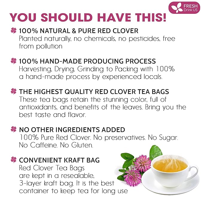 FreshDrinkUS, Premium Red Clover Herbal Tea– 55 Tea Bags – Pure – Naturally Smooth & Mild Flavor – Premium Quality, Eco-Conscious Packaging. Caffeine-Free. Gluten Free. Vegan