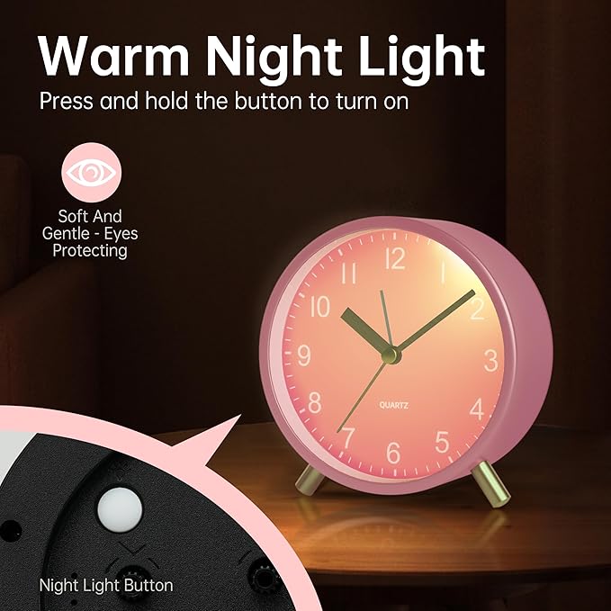 Analog Alarm Clock, 4 inch Super Silent Non Ticking Small Clock with Night Light, Battery Operated, Simple Design, easy setting for Office, Bedroom, Bedside, Desk, teens, elders, kids, adult, Pink