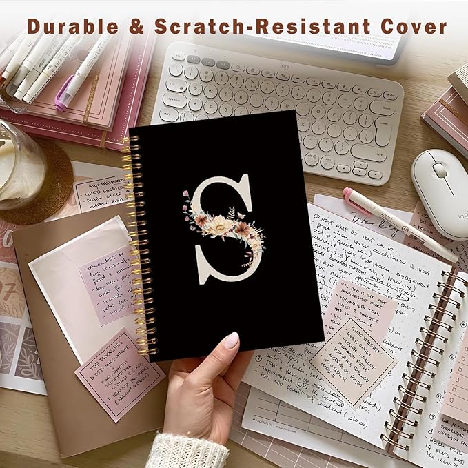 Lacama Black Initial Letter S School Notebook Journal, Cute Wildflower Personalized Spiral Notebook, School Supplies, Customized Monogrammed Gifts, Birthday Gifts for Women, Office Supplies