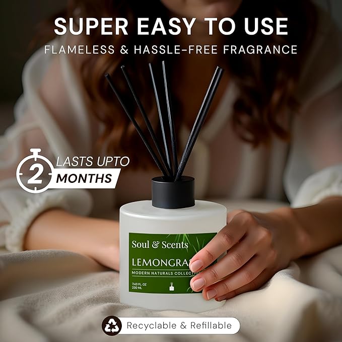 Soul & Scents Reed Diffuser Set – Lemongrass | 7.43 oz Refillable Scented Oil with 6 Fiber Sticks | Long-Lasting Home Fragrance & Air Freshener for Bedroom, Bathroom, Office | Gift & Décor Piece