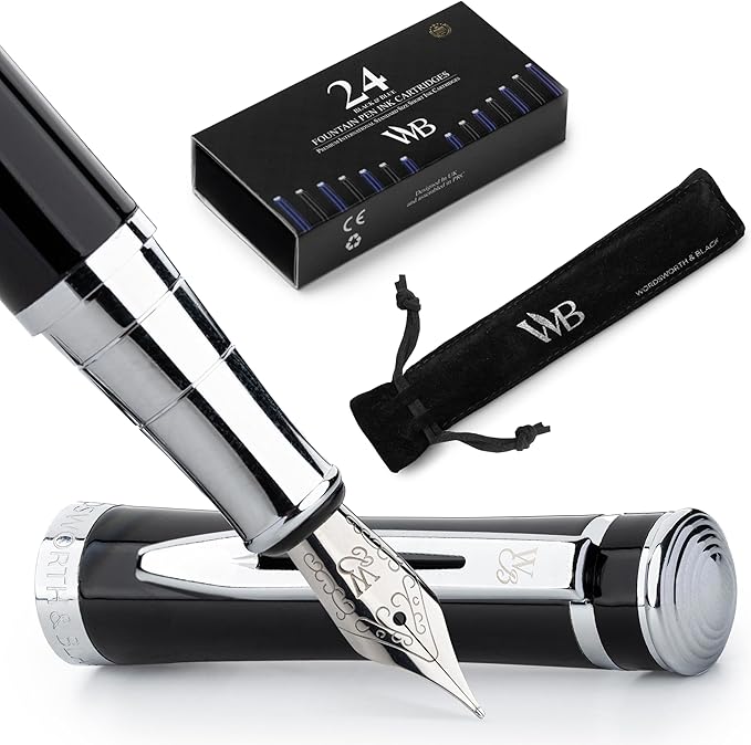 Wordsworth & Black Fountain Pen Set, Medium Nib, Includes 24 Pack Ink Cartridges, Ink Refill Converter & Gift Pouch, Chrome Finish, Calligraphy, [Black Chrome], Perfect for Men & Women