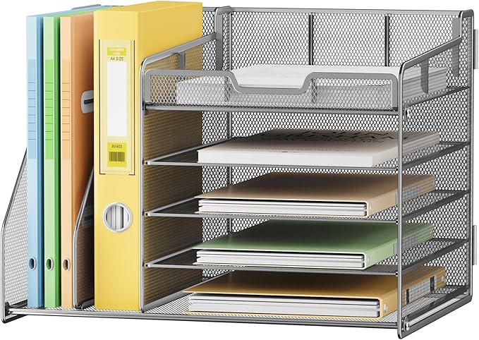Lavatino 5-Tier Metal Mesh Desk Organizer with 2 File Holders & 7 Customizable Compartments | Paper Letter Tray for Office or Home Desk Storage | Keep Workspace Supplies Neat & Organized, Silver