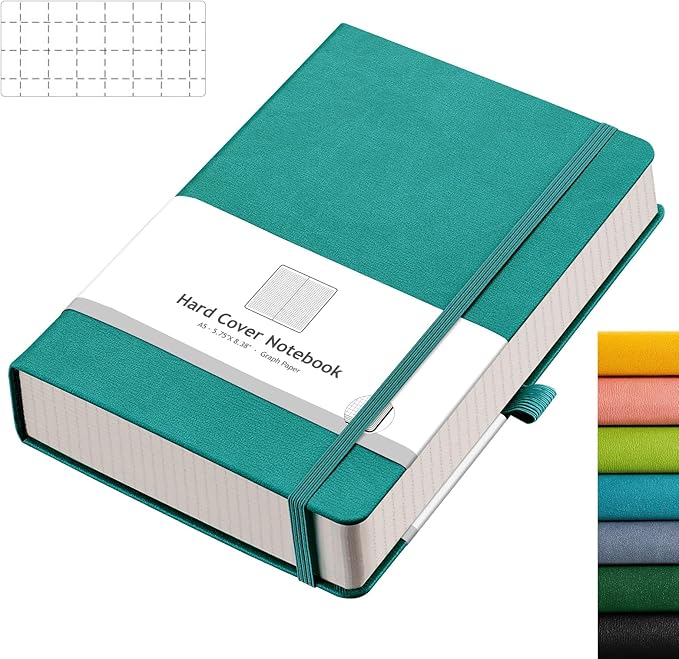 AHGXG Graph Paper Notebook - 320 Pages Grid Notebook Thick Journal A5, 100gsm Thick Graph Paper, Leather Hardcover, Inner Pocket,5.75'' × 8.38''- Cyan
