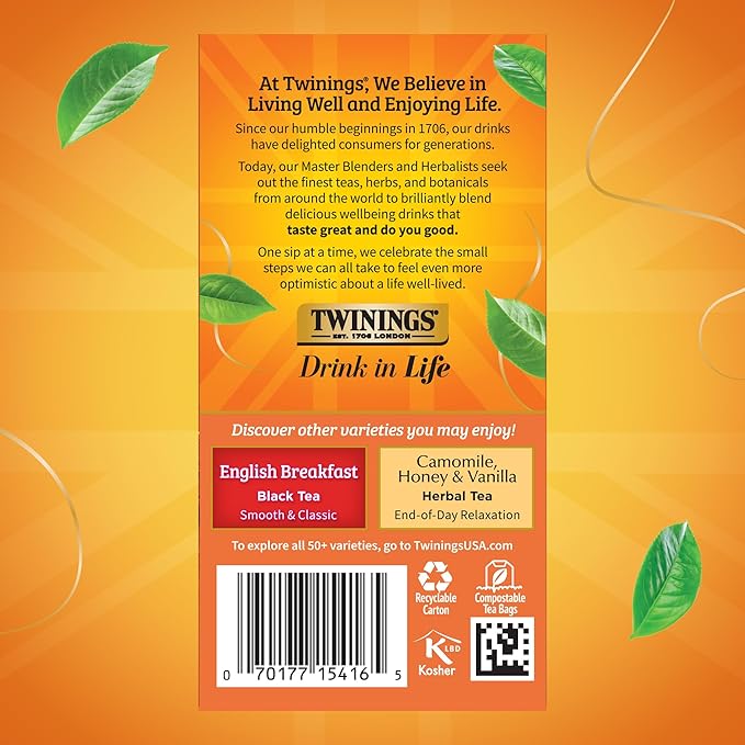 Twinings Ceylon Pure Black Tea Individually Wrapped Bags, 20 Count (Pack of 6), formerly Ceylon Orange Pekoe, Crisp, Refreshing, Caffeinated, Enjoy Hot or Iced, 120 Teabags