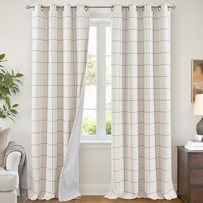 Lajode Navy Blue Plaid Patterned Curtains Thermal Insulated