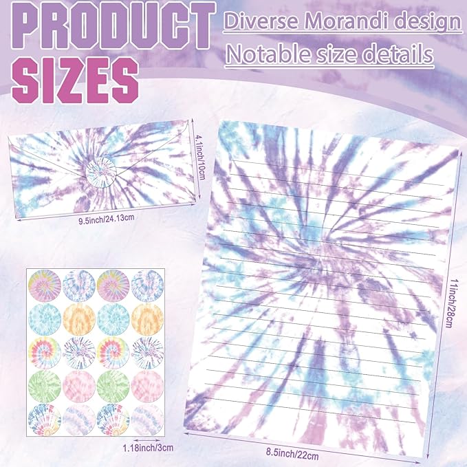 TaoBary 160 Pcs Stationery Paper Set 50 Double Sided Stationery Papers with 50 Matching Envelopes and 60 Round Dot Sticker, 10 Design(Tie Dye,8.5 x 11 Inch)